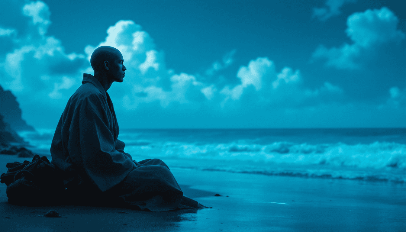 AI generated: a guy with no face high emotion and touching for the audience he is watching us and he is situated o...