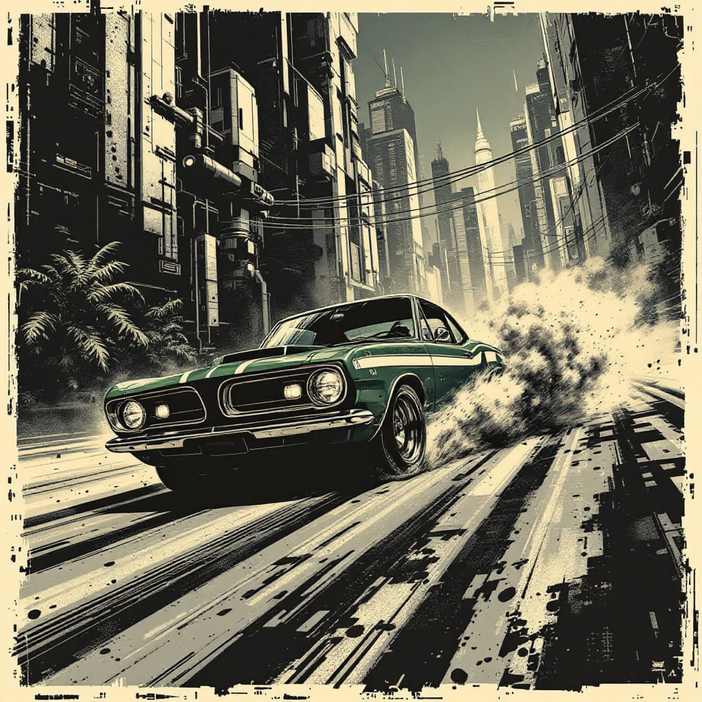 AI generated: 1968 Fastback Plymouth Barracuda in British Racing Green with white racing stripes on the doors,  ca...