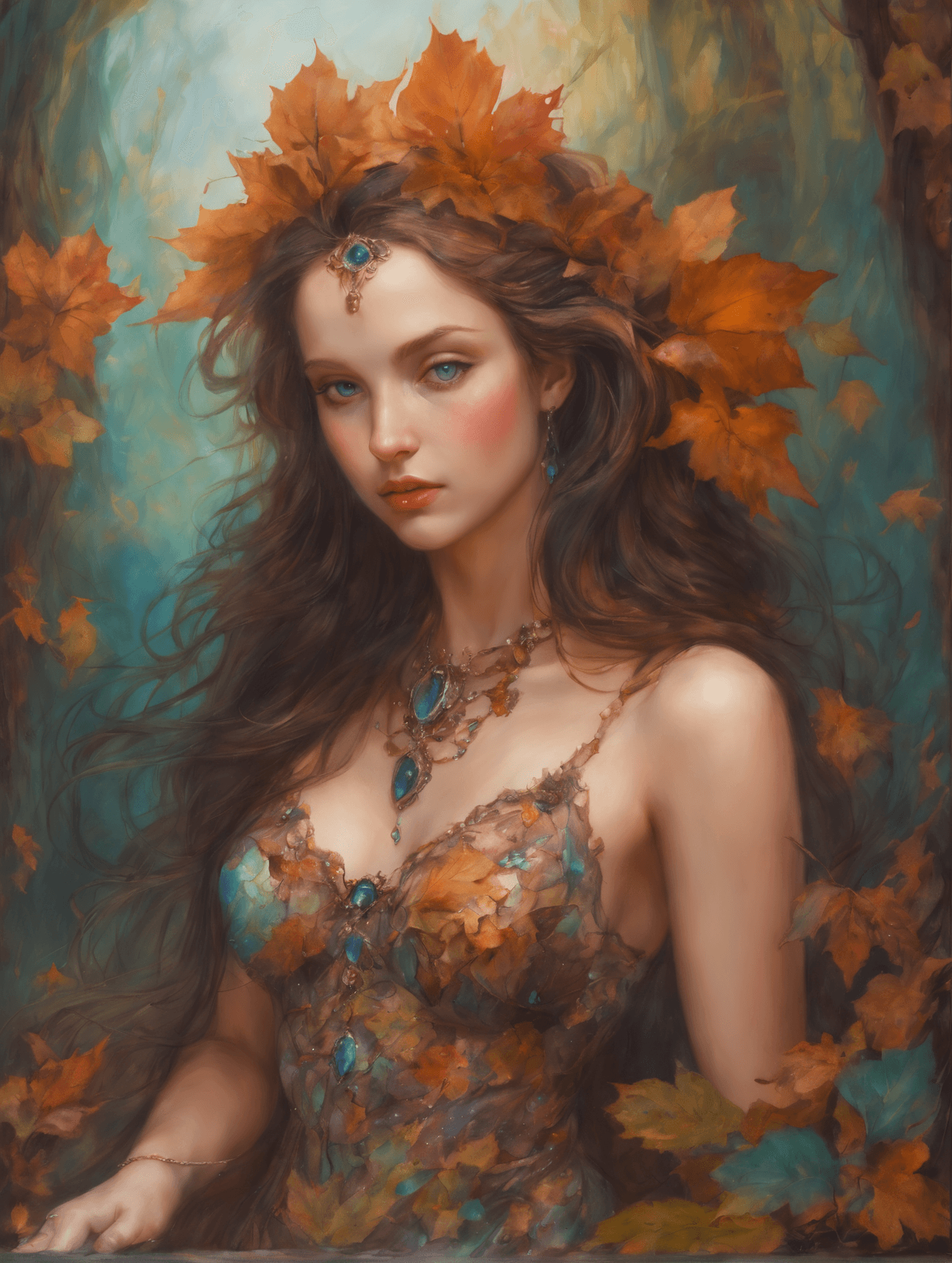 AI generated: an oil painting of the autumnal equinox with a woman surrounded by autumn leaves, detailed feminine ...