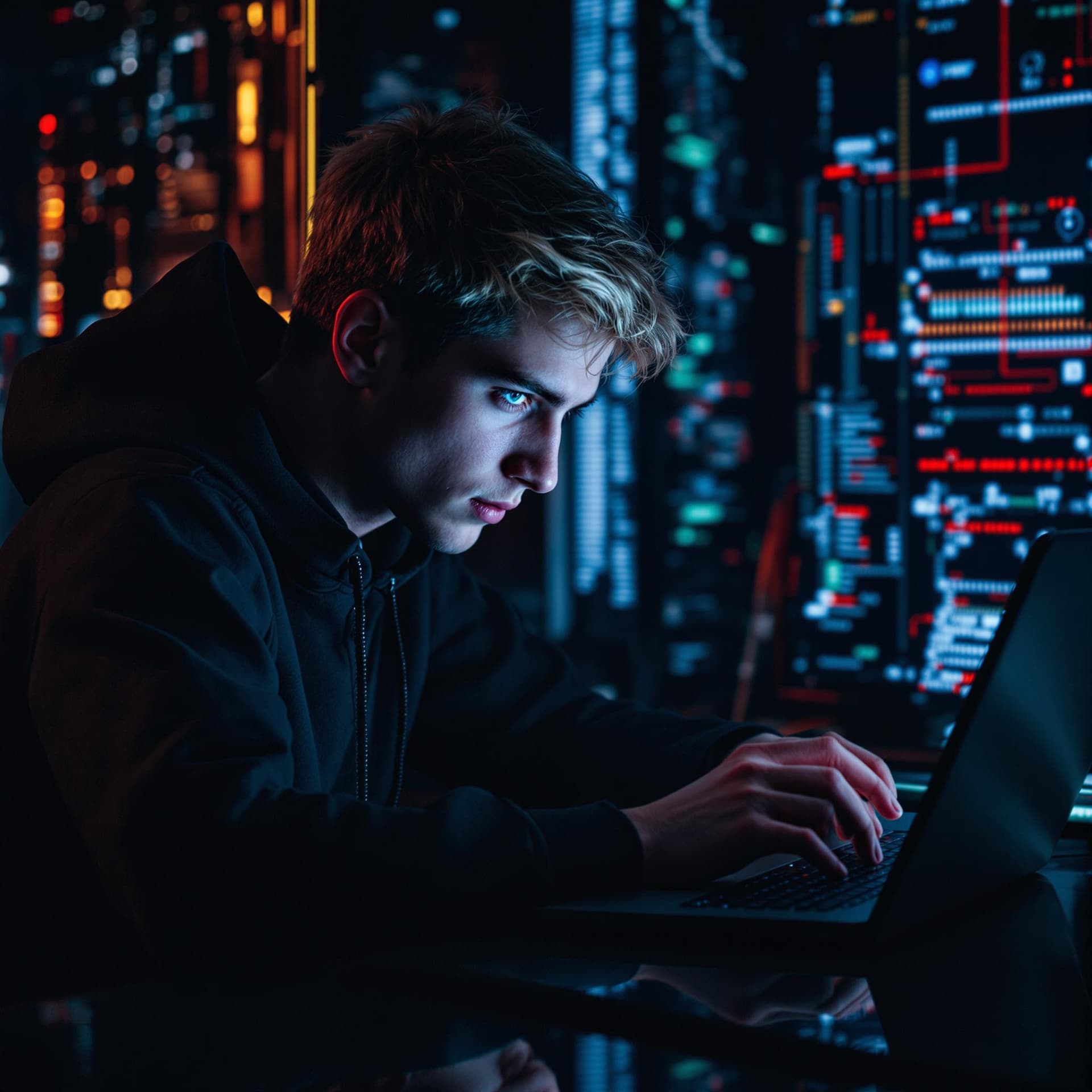 AI generated: A young male, blonde, blue eyed hacker using Kali Linux to penetrate an advanced computer system.