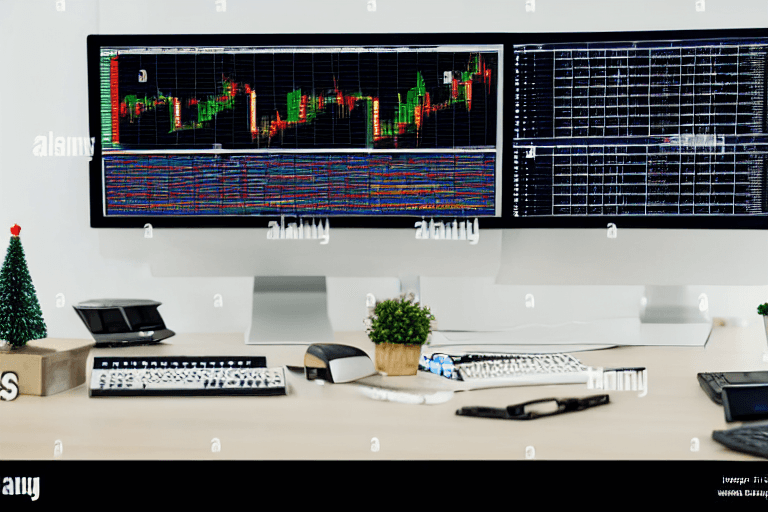 AI generated: elves working on computers stock market charts on wall photograph