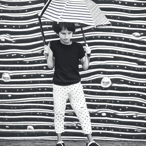 AI generated: Boy in white sneakers, black and white striped shirt, blue dotted pants, holding an umbrella, vivid ...