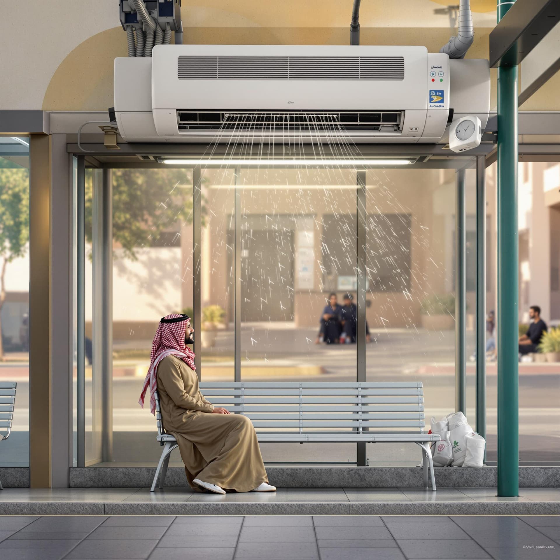 AI generated: In Riyadh, a passenger waits for the bus at the bus stop. the bus stop is a room of 2.5m high. in th...