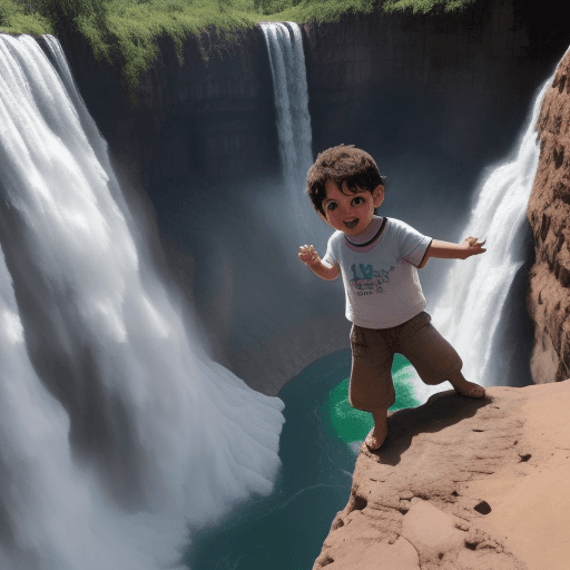 AI generated: un niño a punto de caer en una catarata muy alta es salvado por Jesucristo que baja de cielo en un d...