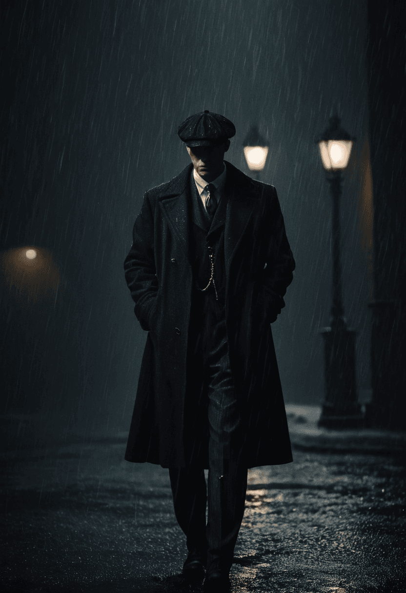 AI generated: A shadowy figure stands amidst a dark and atmospheric scene. The individual is dressed in a classic,...