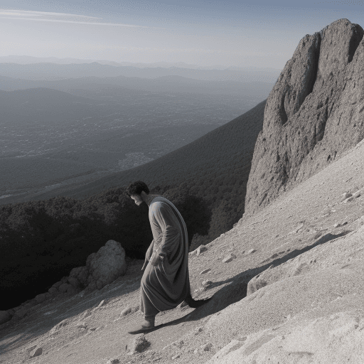 AI generated: the man  about 25 yeas old  wearing a large gray tunic, climbing the mountain, mountains on backgrou...