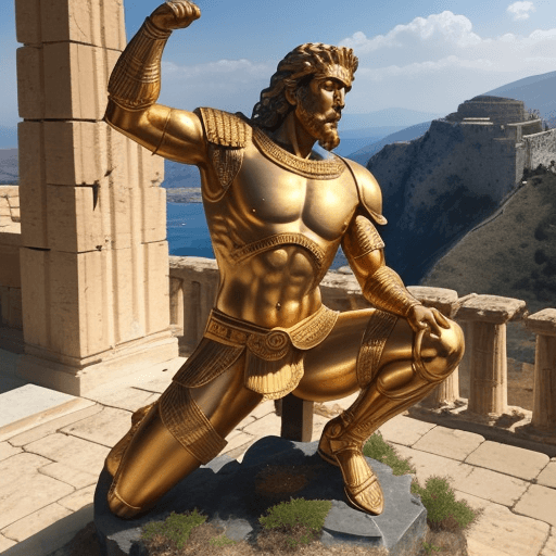 AI generated: A full body wide angle detailed Bronze Statue portrait of an ancient Greek Warrior Odysseus, high on...