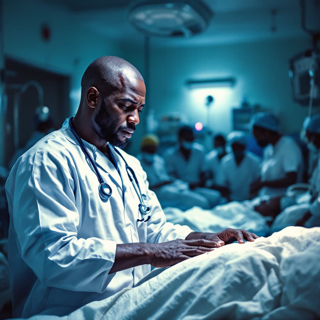 AI generated: An African medical doctor at an overcrowded overly populated emergency room full of patients with a ...