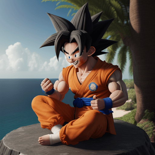 AI generated: goku cozy, high detail, octane render, 8k, eating tamales, trees and sea in the back grand,smile, we...