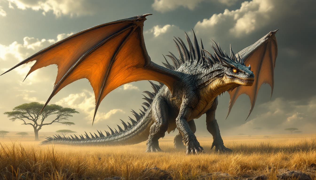 AI generated: New hybrid species, between a dinosaur and a dragon. a biped. skin must be reptilian. With a long, p...