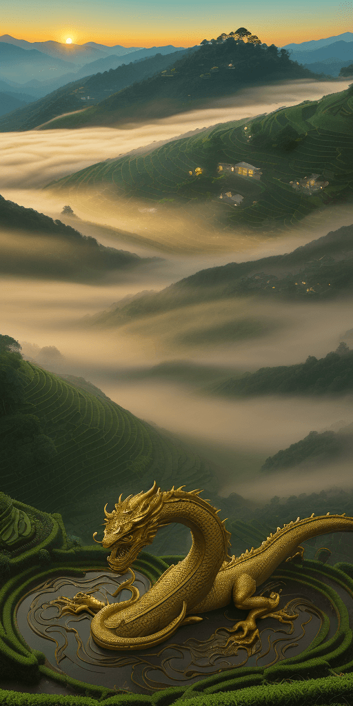 AI generated: /imagine prompt: An opulent, sinuous golden dragon suspended in the dawn mist over a tea plantation,...