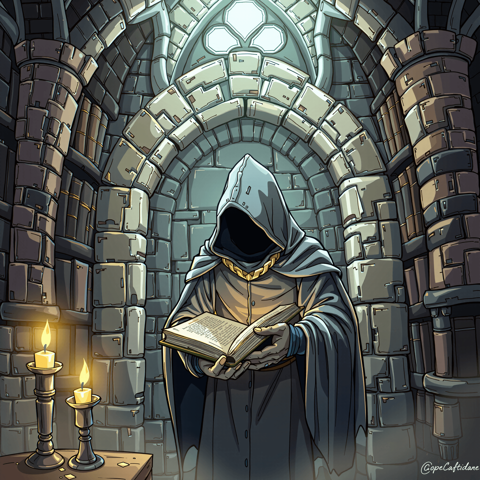 AI generated: A cloaked medieval librarian protecting forbidden knowledge in a hidden tower, moody candlelight, Go...