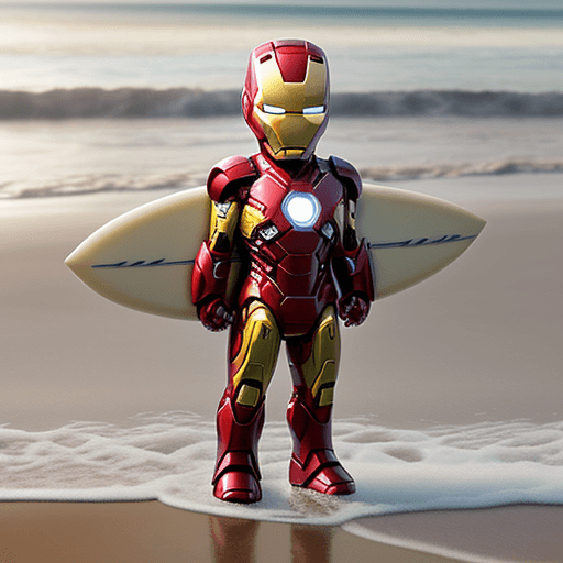 AI generated: baby iron man, standing, hold surfboard, beach, morning, light,close up
