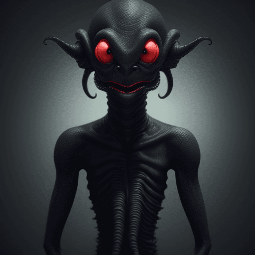 AI generated:  high quality foto of a blind black alien monster, without mouth, long tentacle, big warts, blind, 8...