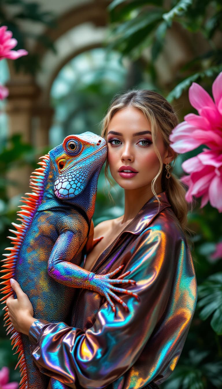 AI generated: a closeup photo of a gorgeous model wearing a shimmering metallic blouse with a huge iridescent rain...