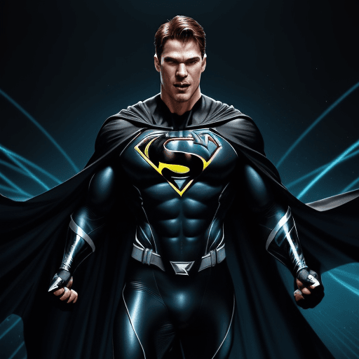 AI generated: Generate an image of a caucasian male superhero joyfully celebrating a triumph. He is attired in a s...