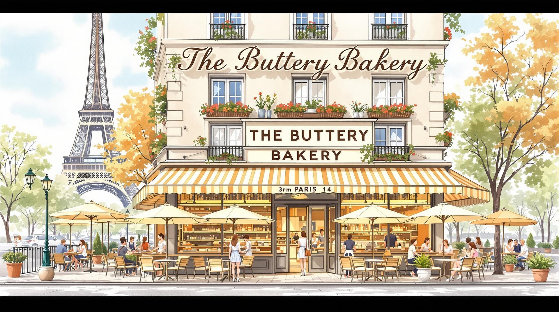 AI generated: The Buttery Bakery as if it’s being in paris, you can draw a watercolor of the bakery and add Eiffel...