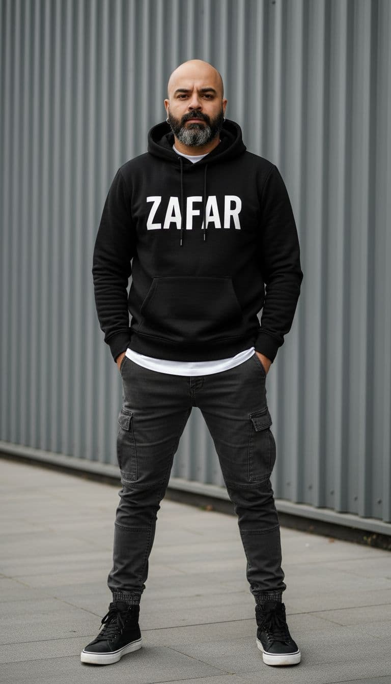 AI generated: Without changing my facial features and face A young man standing outdoors against a modern gray cor...
