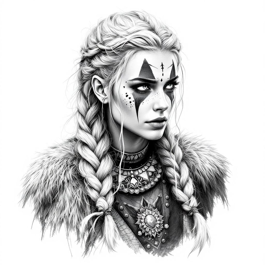 AI generated: black and white drawing of a Viking warrior woman with braided hair, wearing war paint on her face, ...