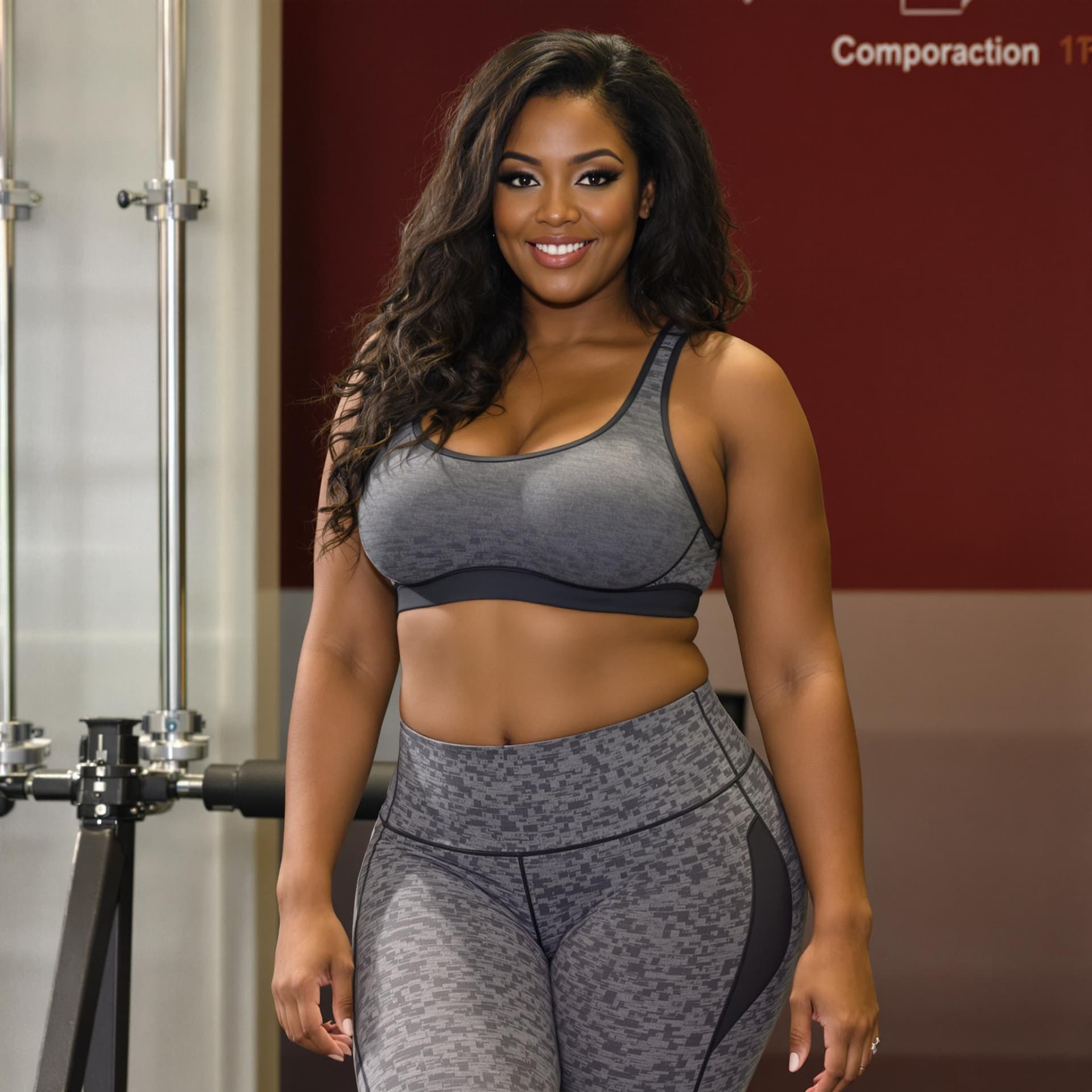 AI generated: attractive black woman with curvaceous body. She is wearing grey leggings and a sports bra. The woma...