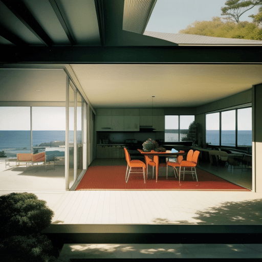 AI generated: Hyper realistic eye level exterior photo of a mid century modern style house overlooking the ocean, ...