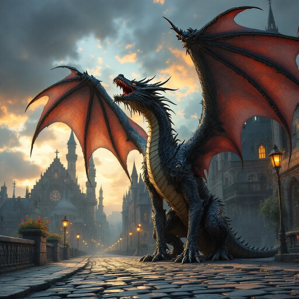 AI generated: Gothic Winged Dragon stands on a cobblestone street roaring at the sky