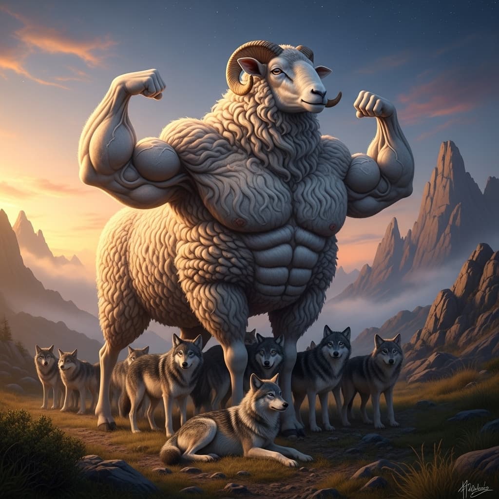 AI generated: a flock of wolves guarded by a very large and strong sheep, with wool wavy in the shape of muscles