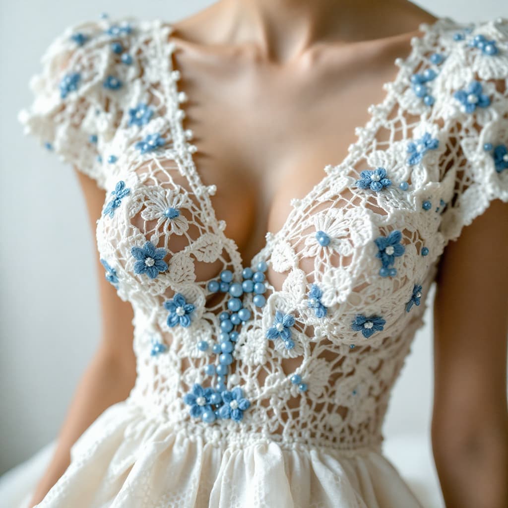 AI generated: "A beautiful crochet dress adorned with delicate blue pearls. The dress features intricate crochet p...