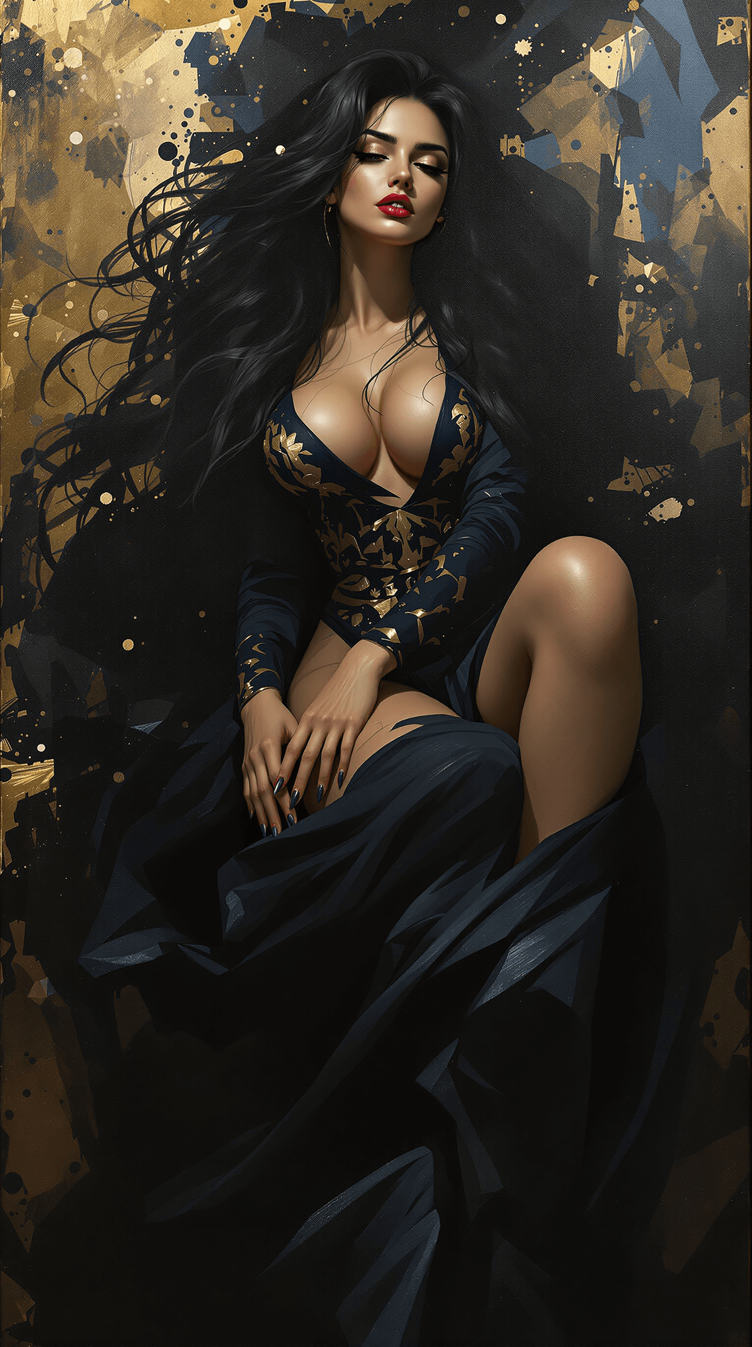 AI generated: An **impressionist oil painting**, full-body portrait of a **woman with long flowing black hair**, p...