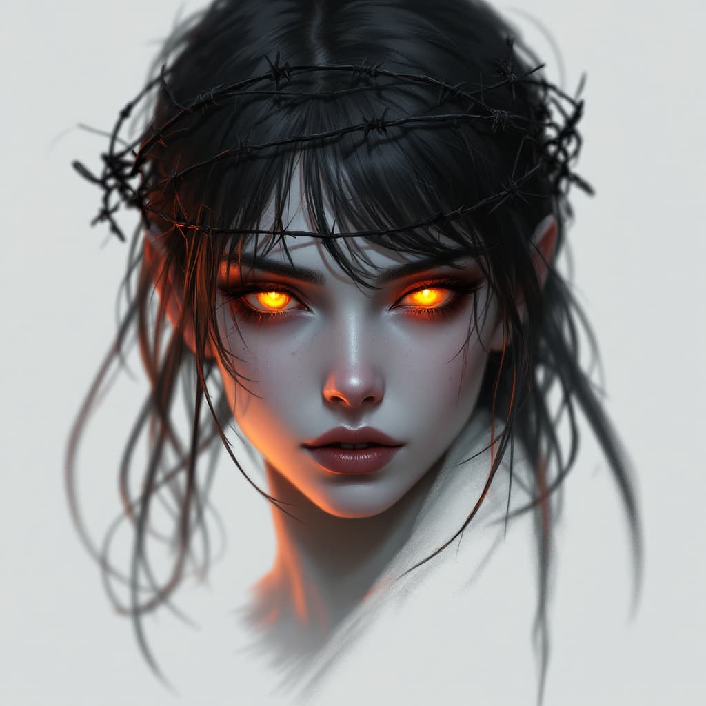AI generated: An image of a female with crown of barbed wire and a glow orange, in the style of speedpainting, dar...