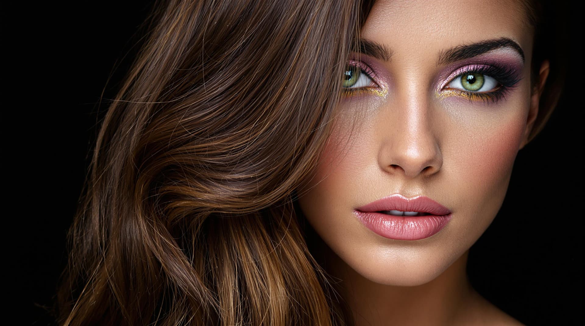 AI generated: "The image is a striking close-up portrait of a woman with lustrous, chestnut brown hair cascading l...