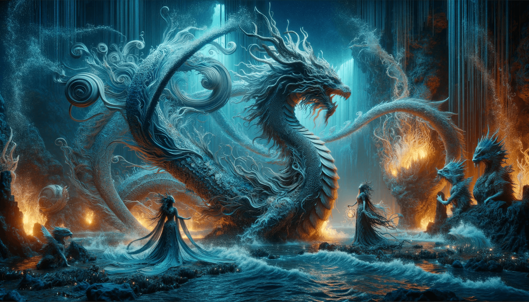 AI generated: Create a hyper-maximalist, detailed cinematic painting featuring a majestic water dragon and its que...