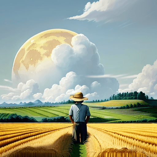 AI generated: Wheat field, a farmer uncle with a straw hat standing in a wheat field, big clouds, blue sky, rice f...