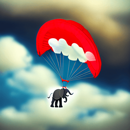 AI generated: Elephant with parachute, falling through the clouds