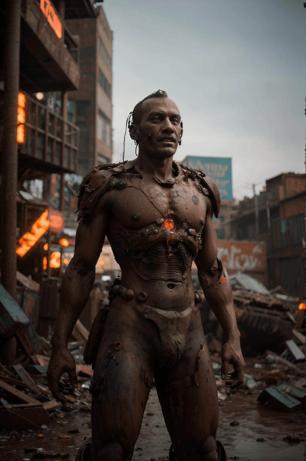 AI generated: futuristic junkyard robot, dirty and damaged, grunge, cinematic style, dark image, bokeh, rust, mud,...