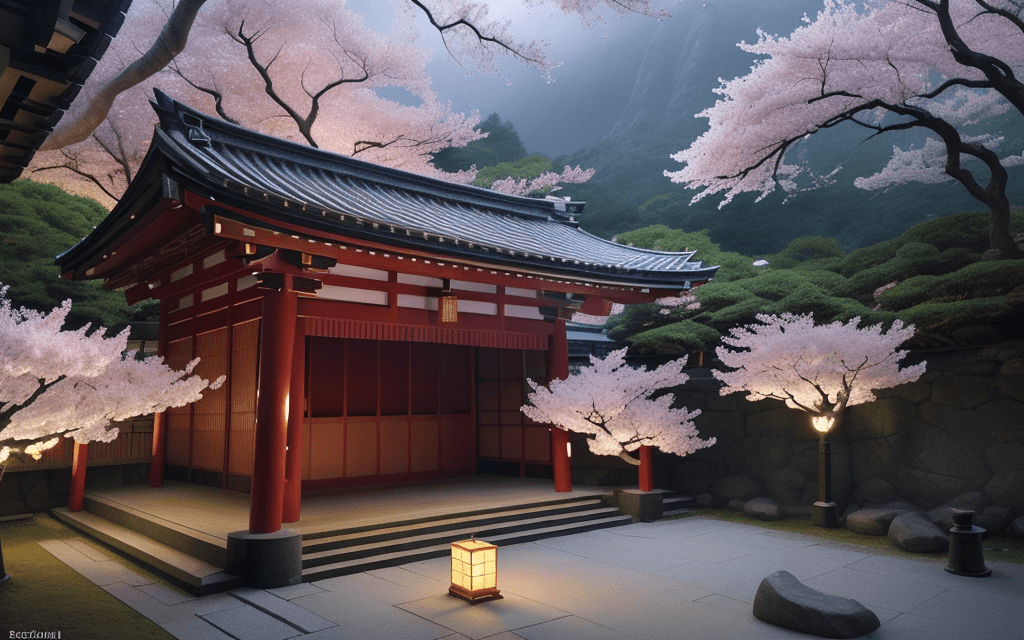AI generated: montain in a Japanese temple, cherry blossom petals falling, illuminated lanterns, glowing sunrise, ...