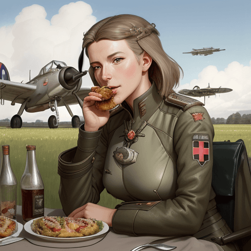 AI generated: Portrait of an Austrian pilot near the battlefield airstrip in Germany, eating lunch outdoors in a l...