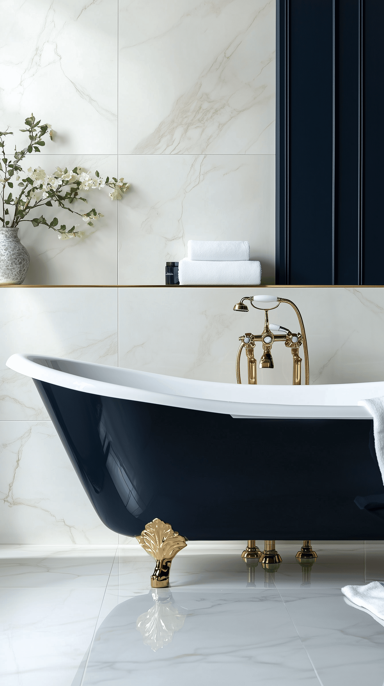 AI generated: luxurious bathroom with freestanding bathtub, marble tiles, using a color palette of navy blue, whit...