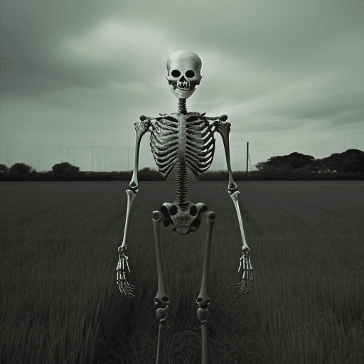 AI generated: a creepy looking metal skeleton standing in a field, in Mexico 