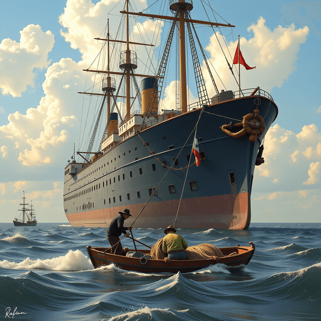 AI generated: Fishermen in a small dory hauling nets, with a massive ship of the line looming in the background, a...