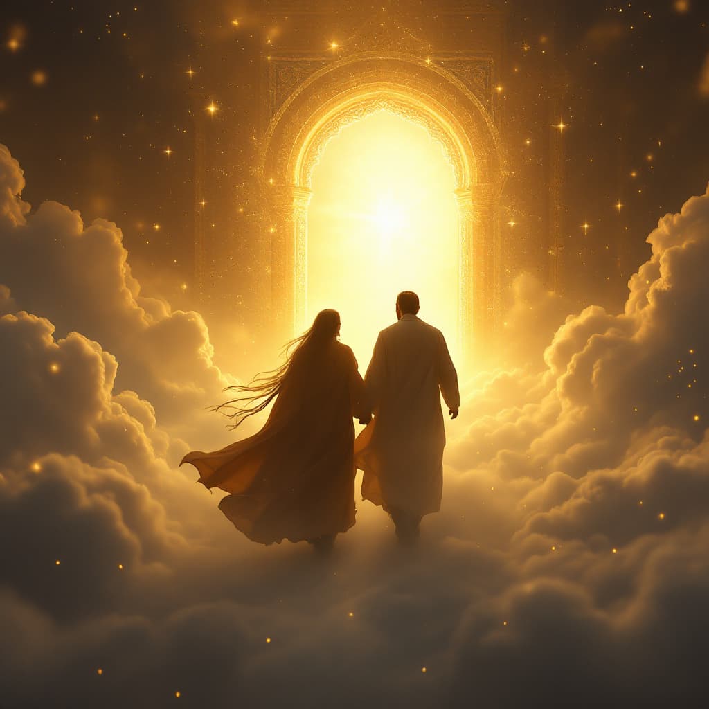 AI generated: A majestic and ethereal scene of two historical figures walking towards a divine, celestial gateway....