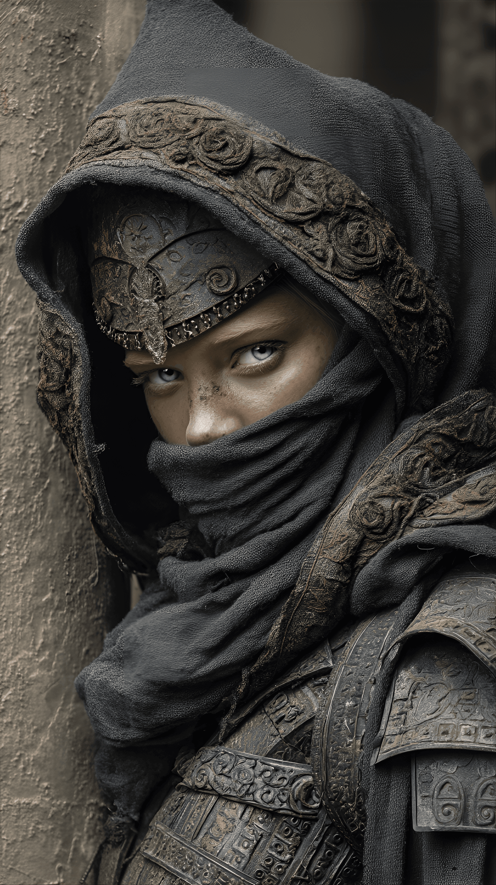 AI generated: female warrior,  young adult, likely Middle Eastern, wearing intricate, dark-gray metal armor with b...