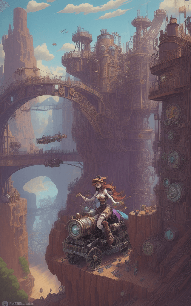 AI generated: Step into the vibrant world of Pistonella, where the day brings forth an array of mechanical marvels...