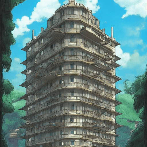 AI generated: An Old Bauhaus Apartment Building by Howl's Moving Castle Ghibli, by Miyazaki, Nausicaa Ghibli, Brea...
