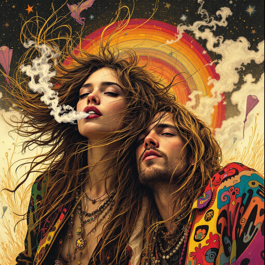 AI generated: A hippy girl and her hippy boyfriend from the 60's. Highly detailed. High as a kite. Their hair blow...