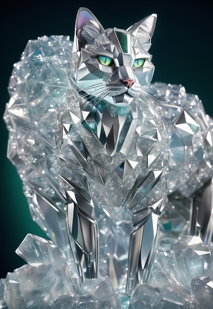 AI generated: a close up of a cat (made from a many cristal fragmrnts:1.2), (crystal cubism:1.2), with green eyes,...
