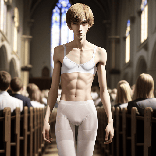 AI generated: 18 year old slender boy standing in a crowded church service wearing bra and white pantyhose. His sh...