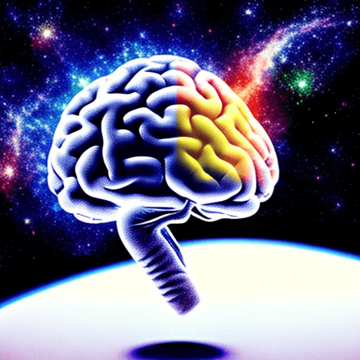 AI generated: foreground: brain in a white room. 
background: galaxy in space
