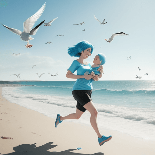 AI generated: happy mom with blue hair pixar-like holding a baby pixar-like running along a virtual beach with AI-...