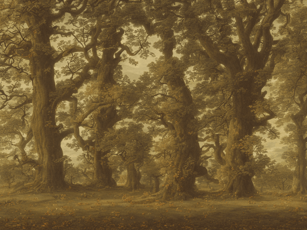 AI generated: A leafy oak on the left and a charm with autumnal colors on the right whose size would be slightly s...